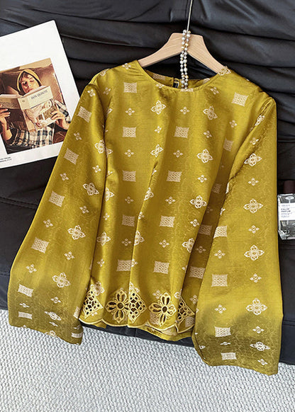 Yellow O Neck Print Hollow Out Silk Shirt Tops Fall
