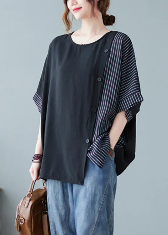 Novelty Black O-neck Striped Patchwork Button Cotton T Shirts Half Sleeve