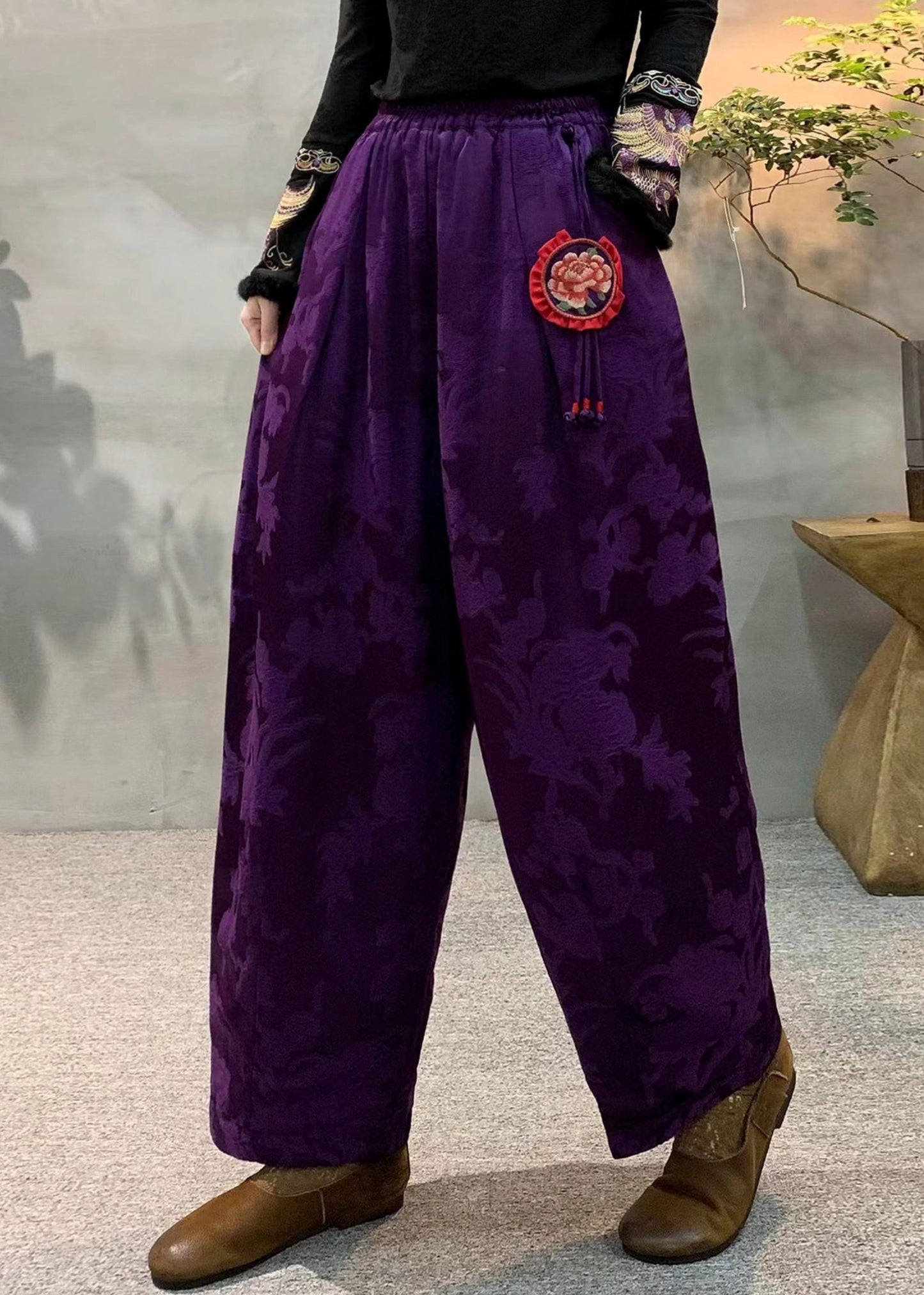 Dull Purple Oversized Jacquard Fine Cotton Filled Harem Pants Winter