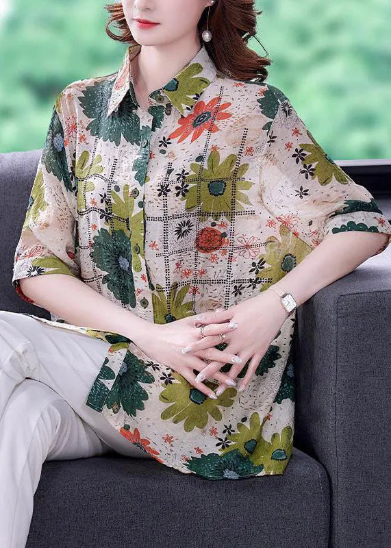 Green Peter Pan Collar Print Silk Top Short Sleeve