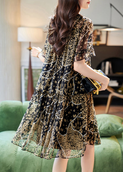 Black O Neck Lace Patchwork Print Chiffon Dress Summer
