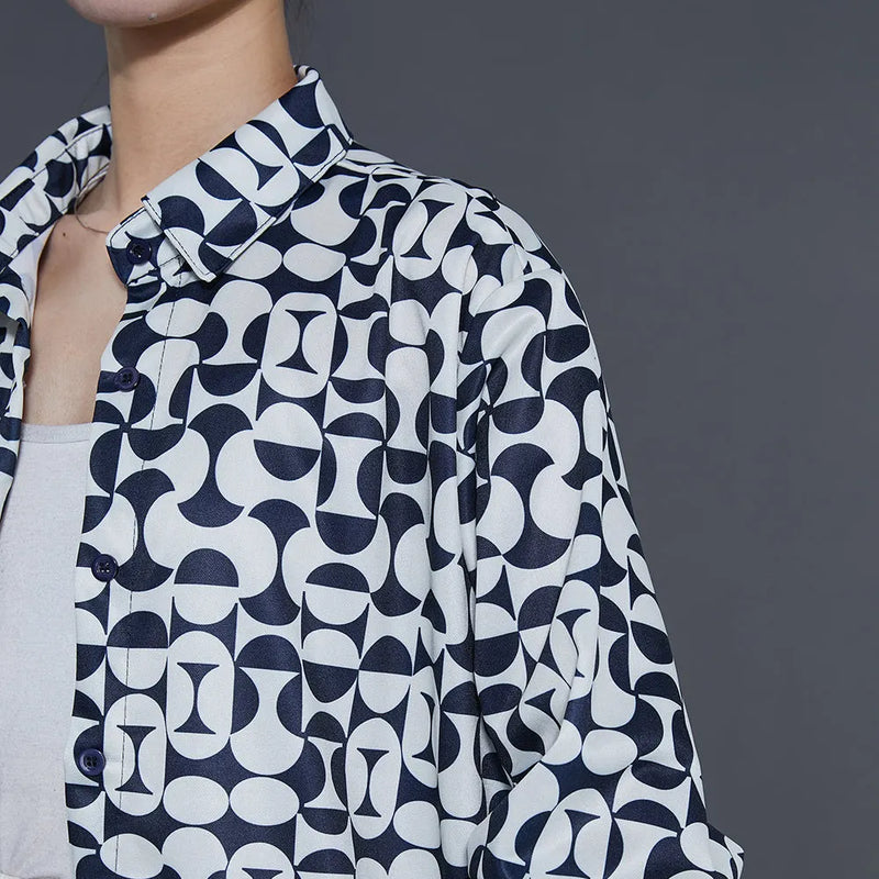 French Black Oversized Print Chiffon Shirt Tops Summer