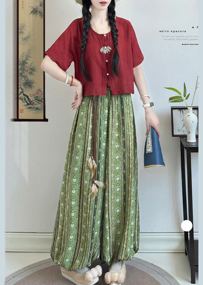 Red Tasseled Print Cotton Lantern Pants Fall