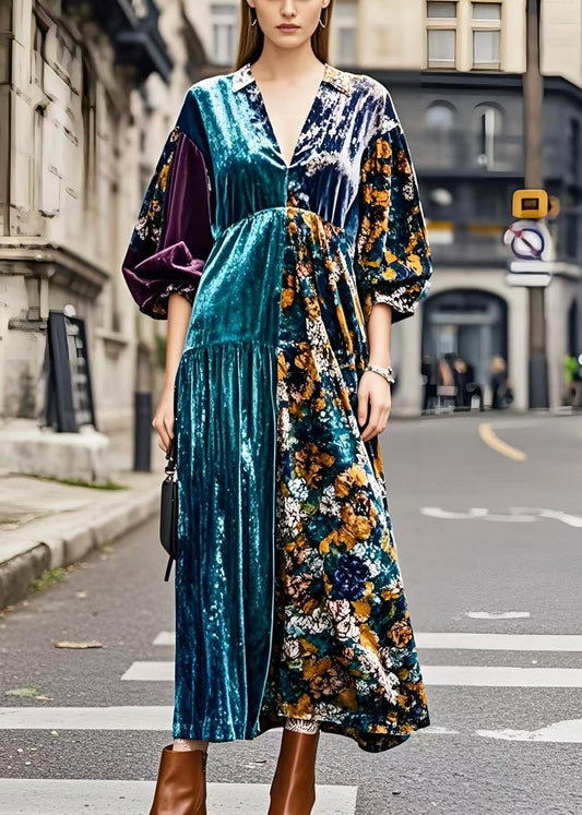 Colorblock V Neck Patchwork Silk Velour Maxi Dresses Spring