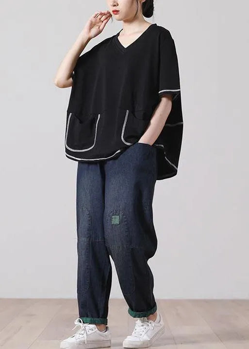Style Black Asymmetrical Design Cotton Tee Short Sleeve