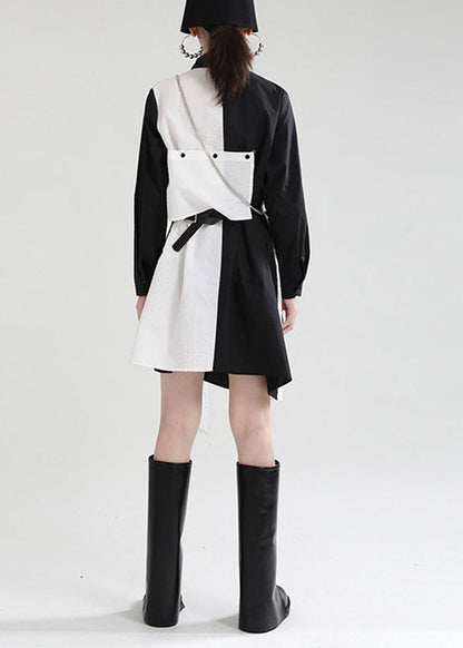 Black Asymmetrical Design Patchwork Fall Dresses Long Sleeve