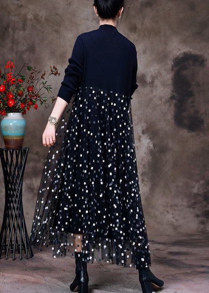 Diy Black O-neck Knit Patchwork Tulle Maxi Dress Long Sleeve