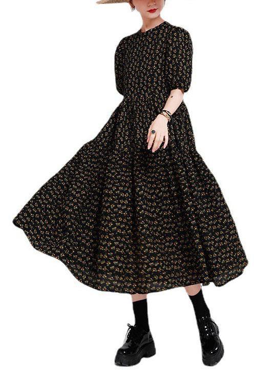 Black Print O-neck Circle Summer Party Dresses Half Sleeve