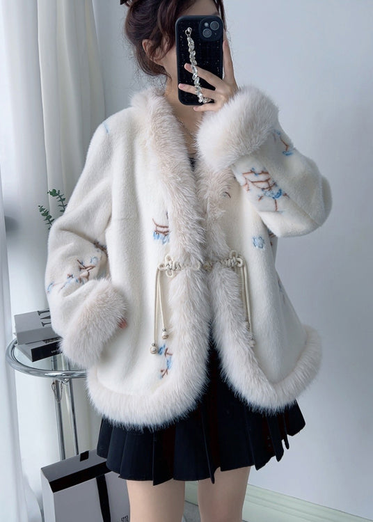 Pink V Neck Embroideried Fox Fur Mink Cashmere Coat Winter