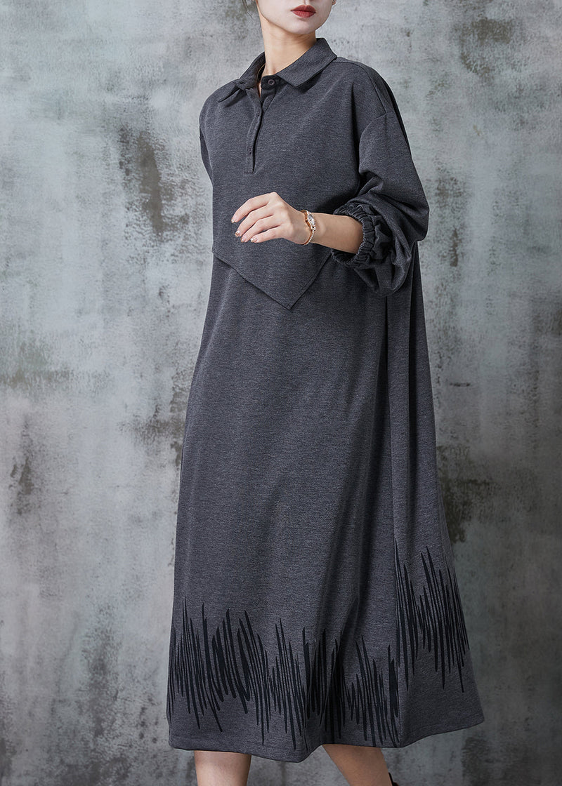 Grey Peter Pan Collar Patchwork Cotton Maxi Dresses Spring