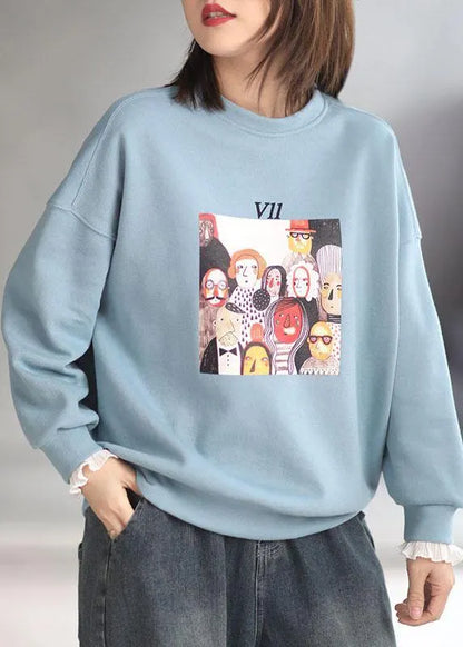 Comfy Blue O-neck Print Fall Sweatshirt