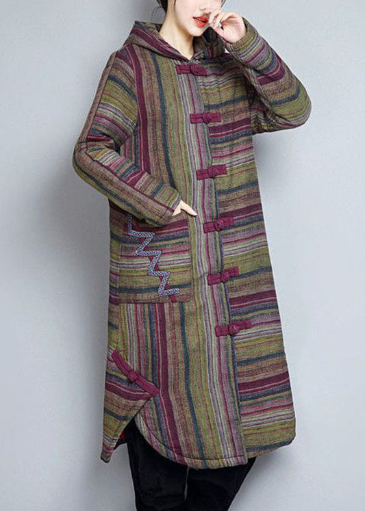 Khaki Hooded Pockets Striped Fine Cotton Filled Witner Coats
