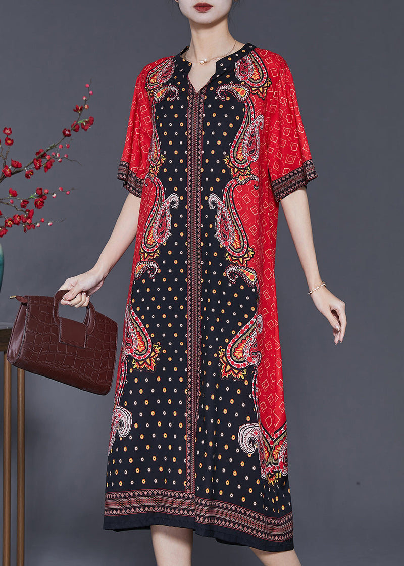 Red V Neck Print Chiffon Holiday Dresses Summer
