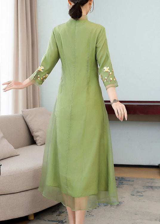 Chinese Style Green Ruffled Embroideried Patchwork Chiffon Dresses Bracelet Sleeve Summer