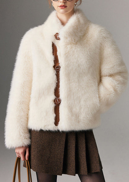 White Stand Collar Patchwork Warm Faux Fox Fur Jacket Winter