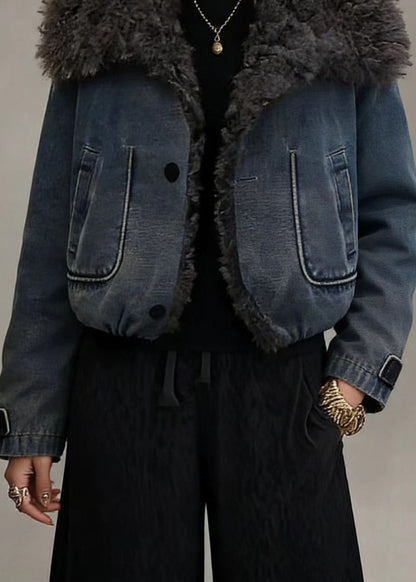 Stylish Blue Teddy Faux Fur Patchwork Fine Cotton Filled Jacket Winter