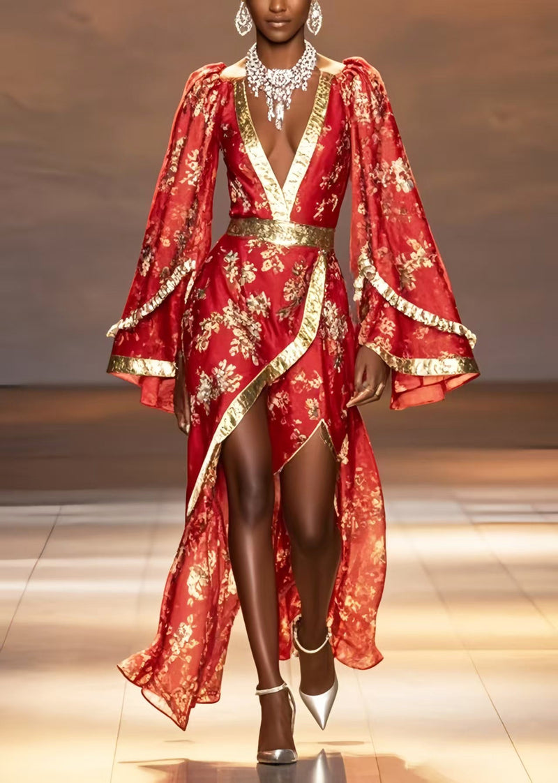New Retro Chinese Red Asymmetrical Design Chiffon Wedding Dress Flare Sleeve Spring