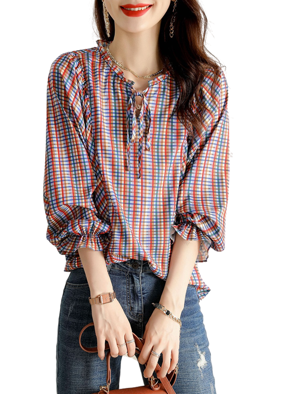 Ruffled Plaid Blouse Tops Spring