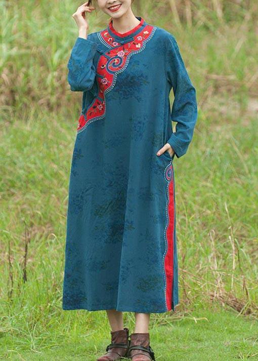 Stand Collar Spring Tunics Pattern Blue Embroidery Long Dresses