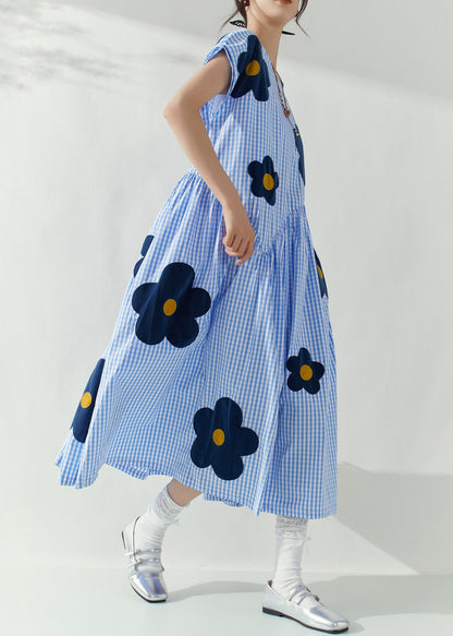 Blue O-neck Plaid Tie Waist Maxi Dresses Summer