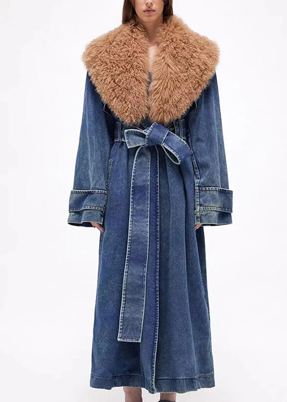 Denim Blue Fur Collar Patchwork Tie Waist Long Trench Coats Winter