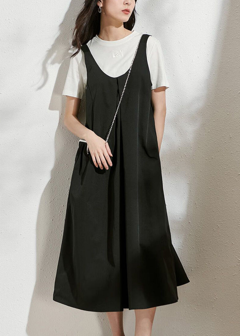 Black U Neck Patchwork Long Dress Summer