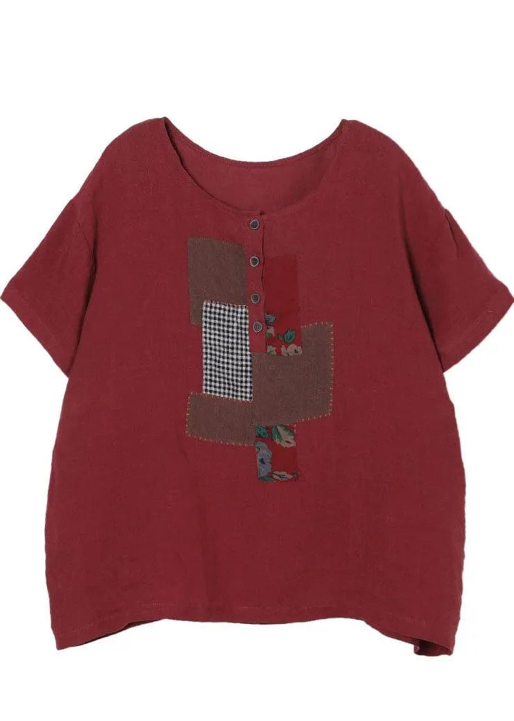 Organic Red Button Short Sleeve Cotton Linen Shirt Tops