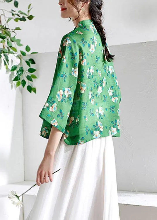 Fitted Green Oriental Print Button Summer Ramie Top