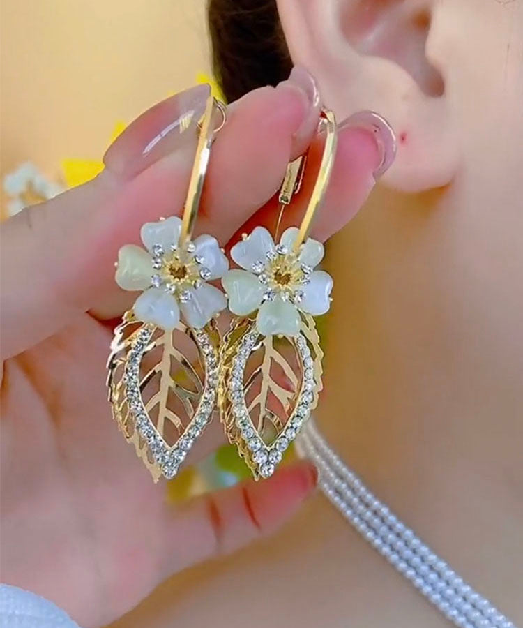 Fine Gold Sterling Silver Overgild Zircon Cat's Eye Leaves Drop Earrings