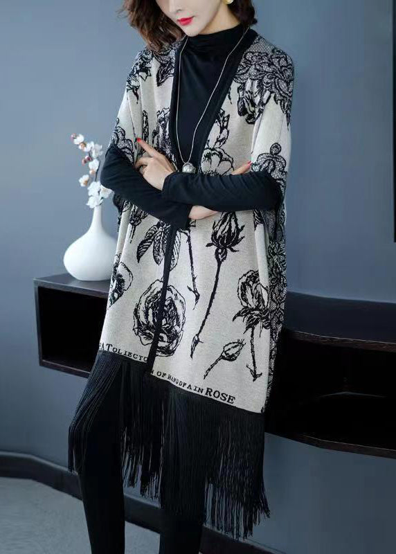 Grey V Neck Tasseled Print Patchwork Knit Coats Fall