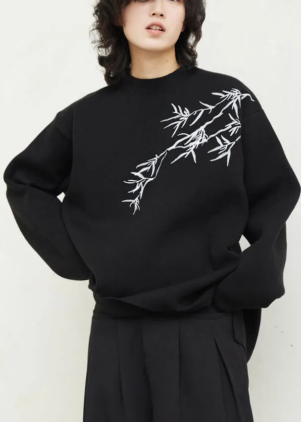 Original Design Black O-neck Embroidered Thick Cotton Knit Sweaters Fall