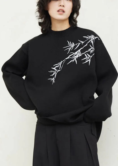 Original Design Black O-neck Embroidered Thick Cotton Knit Sweaters Fall