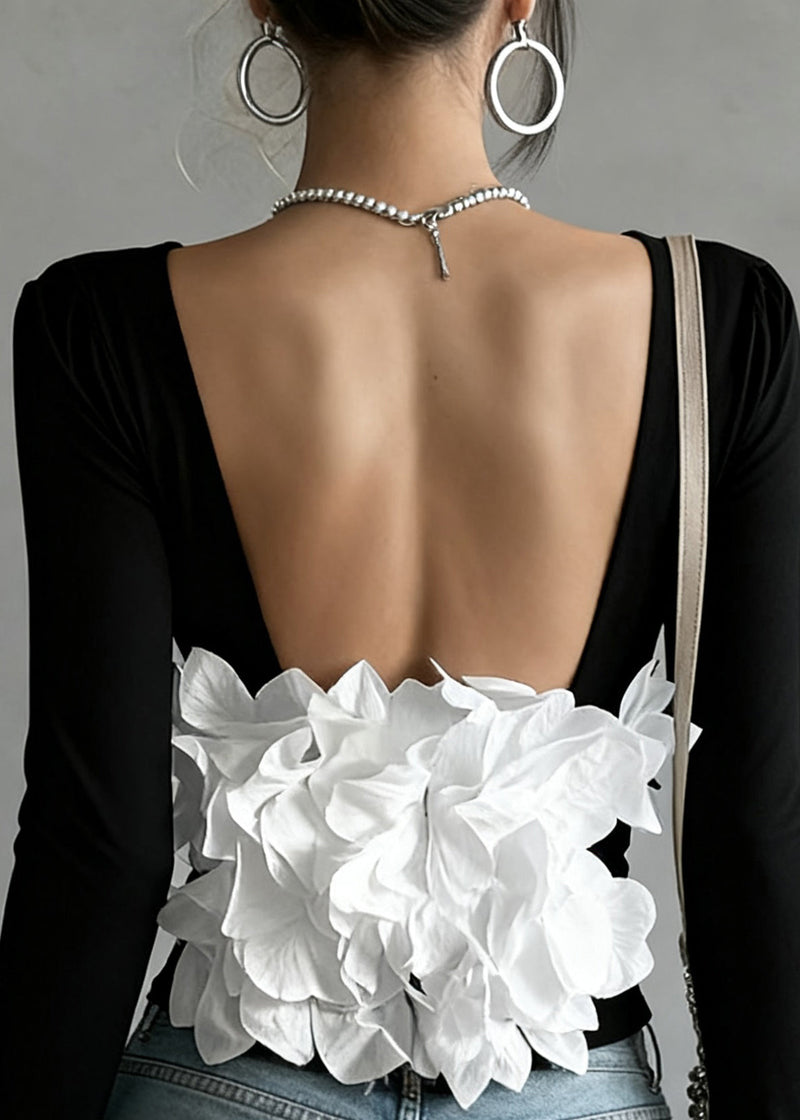 Black Backless Petal Patchwork Cotton T Shirts Spring
