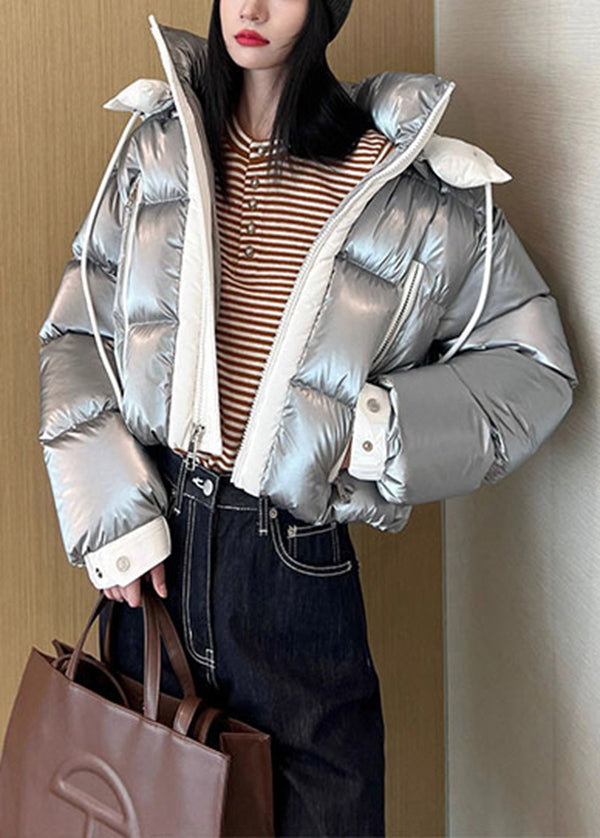 Silvery Hooded Patchwork Duck Down Down Coat Winter