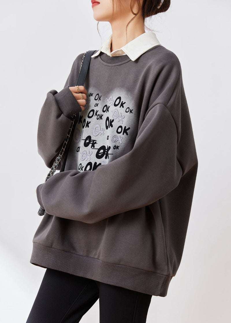 Diy Mulberry O Neck Print Warm Fleece Loose Sweatshirts Top Fall