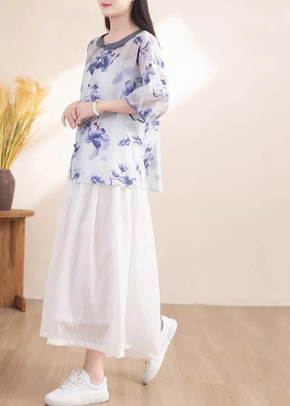 Diy Blue Oversized Print Linen Shirt Top Half Sleeve