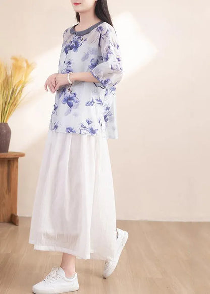 Diy Blue Oversized Print Linen Shirt Top Half Sleeve