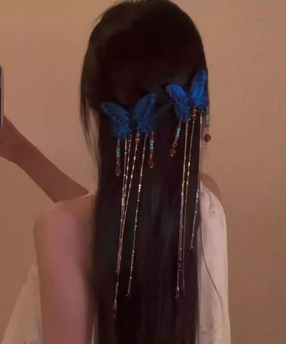 Blue Sterling Silver Overgild Butterfly Tassel Hairpin