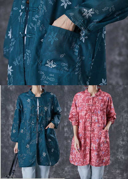 Blackish Green Print Chinese Button Cotton Shirt Fall