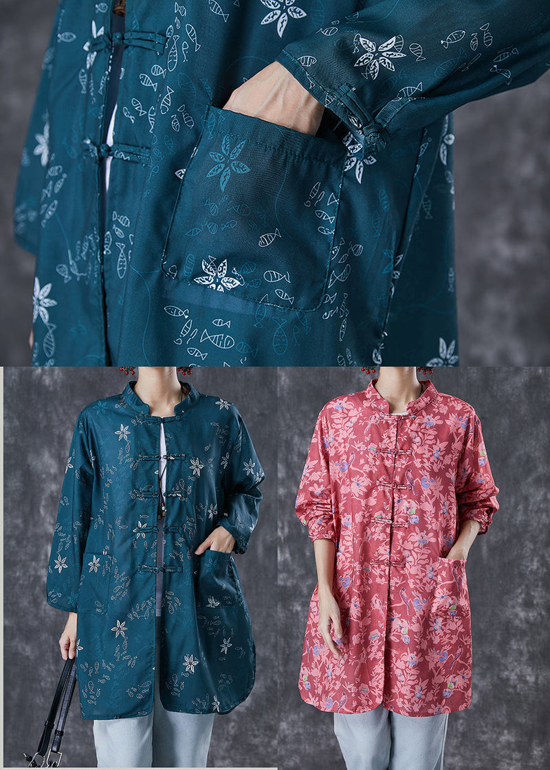 Blackish Green Print Chinese Button Cotton Shirt Fall