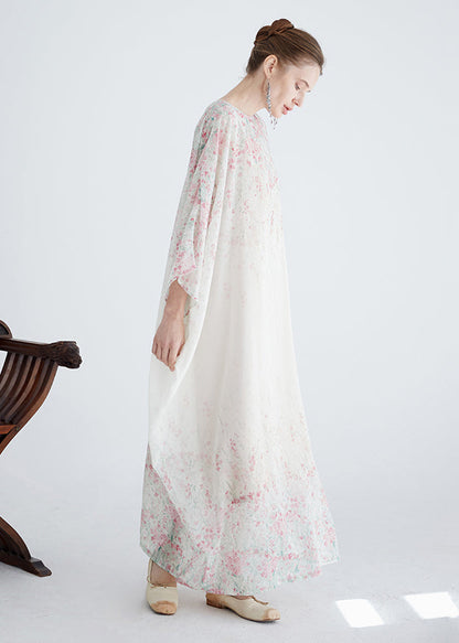 White O Neck Print Cotton Robe Dresses Summer