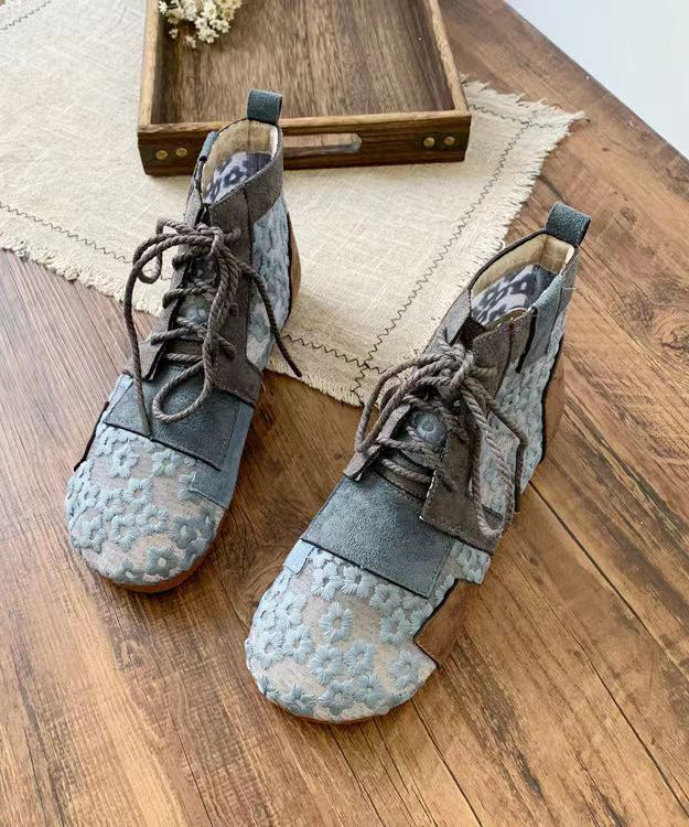 Retro Grey Flat Boots Splicing Lace Up Hollow Out Soofairy Shoes-20251