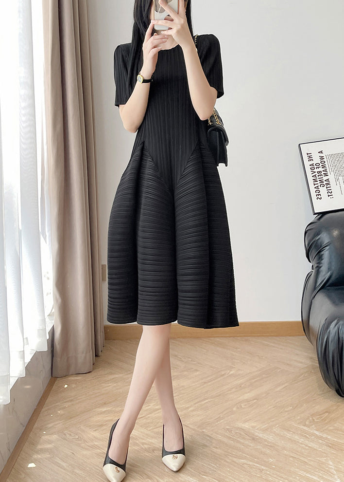 Black Wrinkled Cotton Summer Dress O Neck