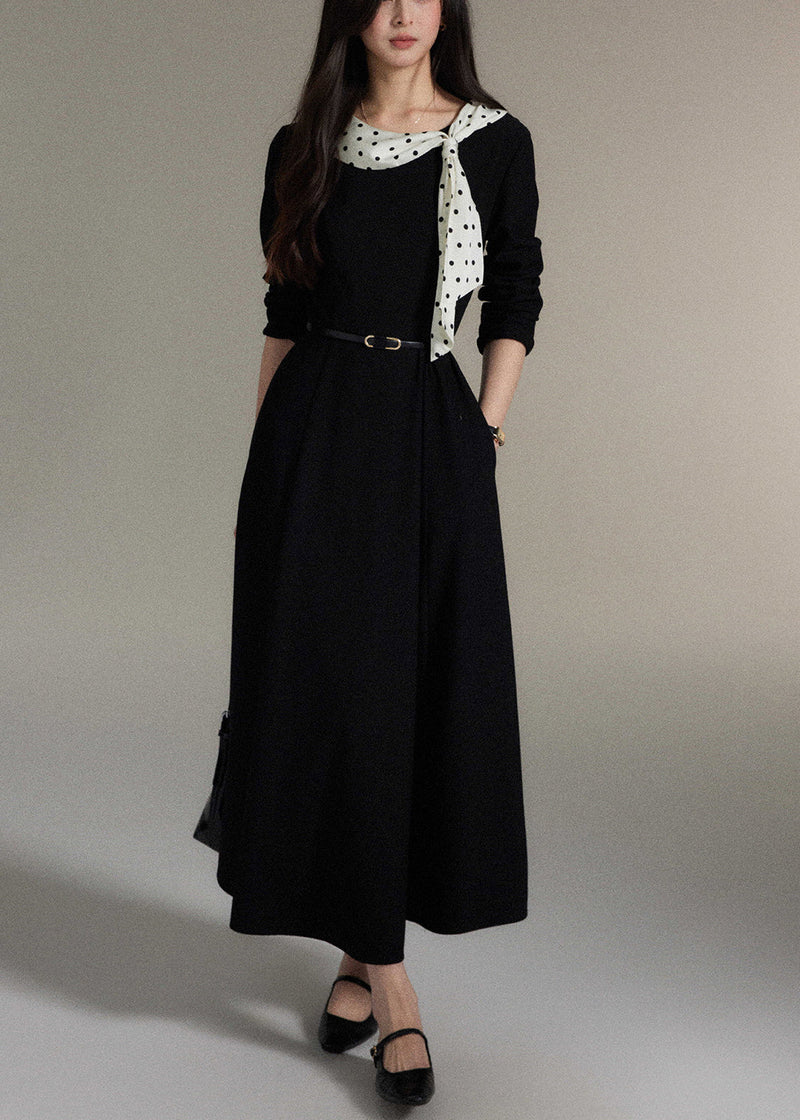 Black Bow Pockets Wool Long Dress Fall
