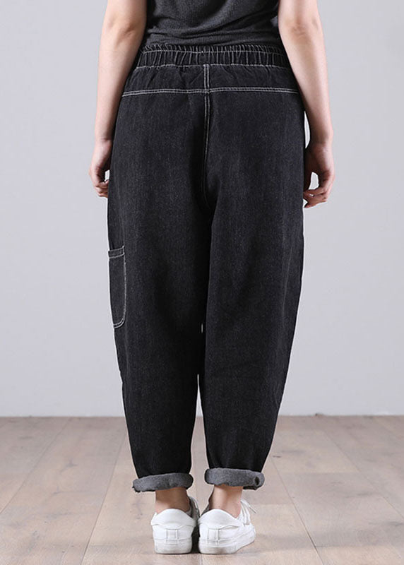 Classy Black Elastic Waist Pockets Harem Fall Patchwork Pants