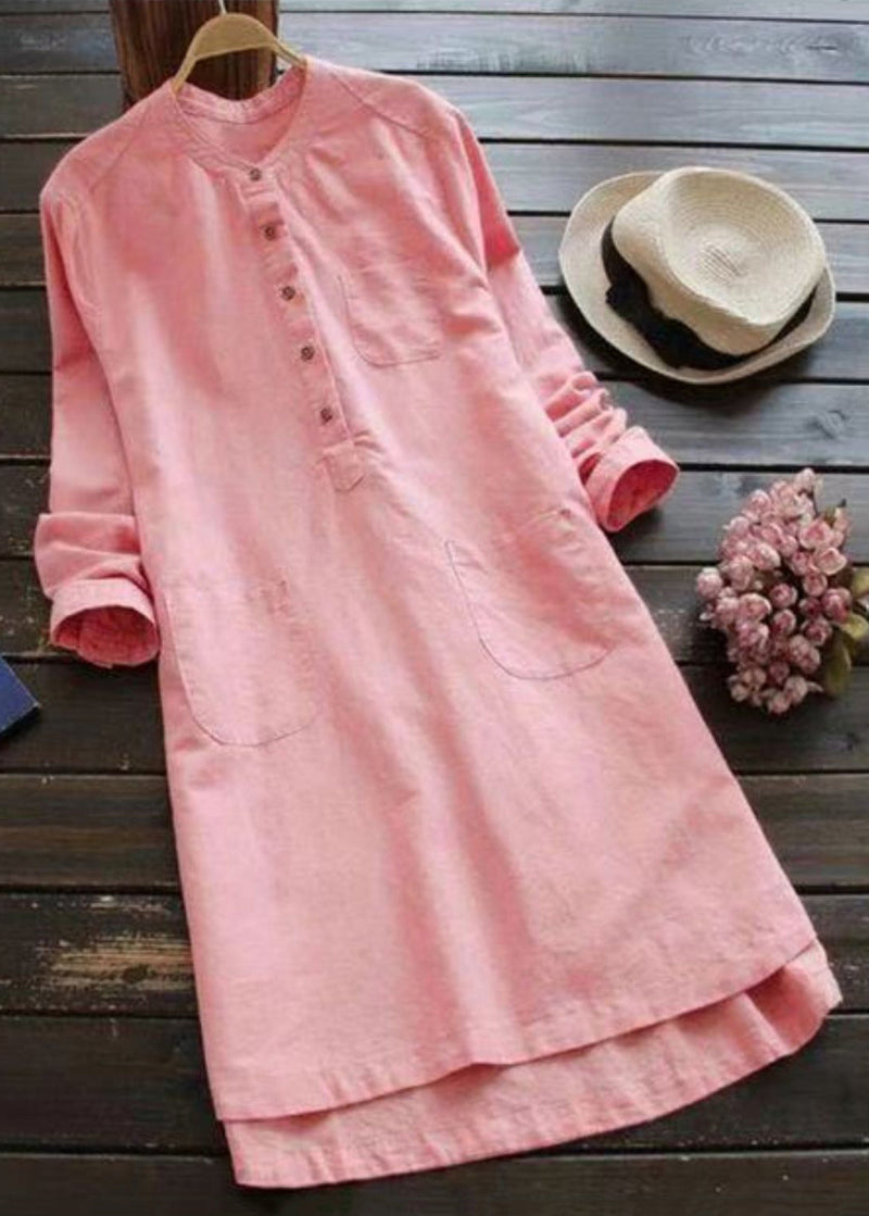 Loose White Button Pockets Linen Shirt Dresses Long Sleeve Fall