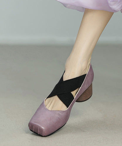 Pink Chunky Heel Horsehide Splicing Cross Strap