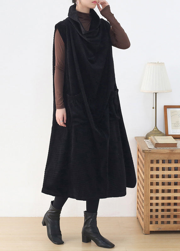 Black Turtleneck Draping Knit Cotton Dresssleeveless