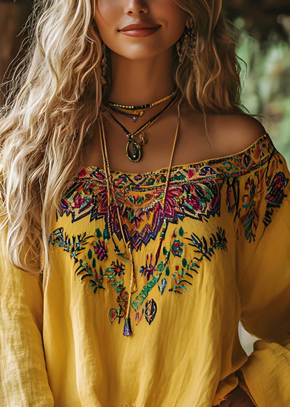 Yellow Slash Neck Print Cotton T Shirts Spring