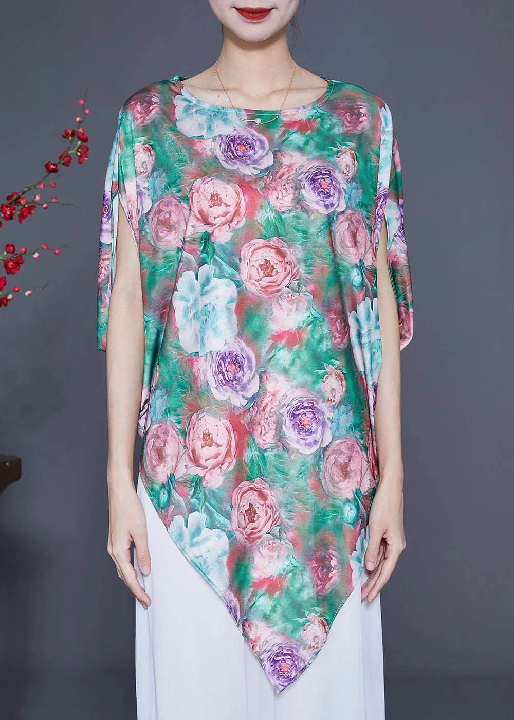 Unique Green Asymmetrical Print Silk Tank Batwing Sleeve